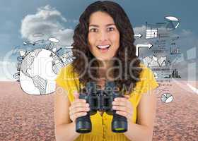 Composite image of smiling casual young woman holding binoculars