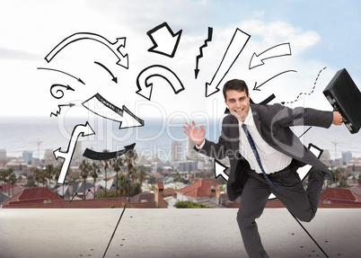 Composite image of smiling businessman in a hury
