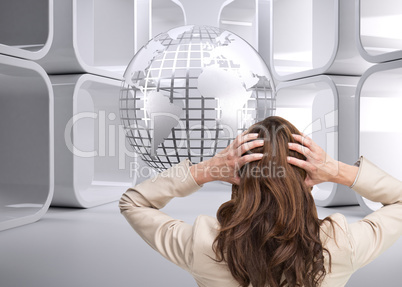 Composite image of young classy businesswoman with hands on head