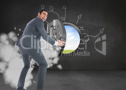 Composite image of excited businessman catching