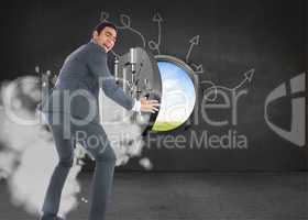 Composite image of excited businessman catching