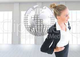 Composite image of businesswoman standing with hands on hips