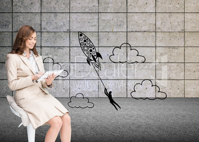 Composite image of happy businesswoman using tablet