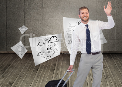 Composite image of handsome businessman with suitcase waving