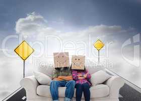 Composite image of silly employees with arms folded wearing boxe