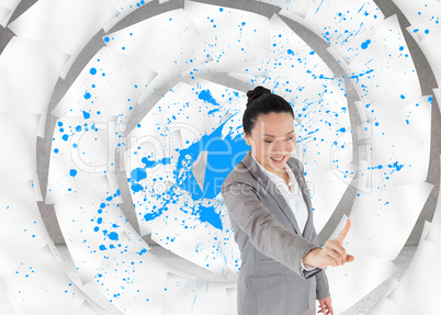 Composite image of smiling asian businesswoman pointing