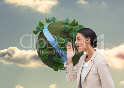 Composite image of confident businesswoman calling for someone