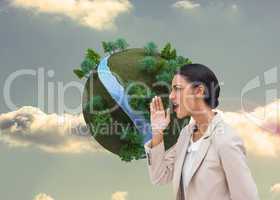 Composite image of confident businesswoman calling for someone