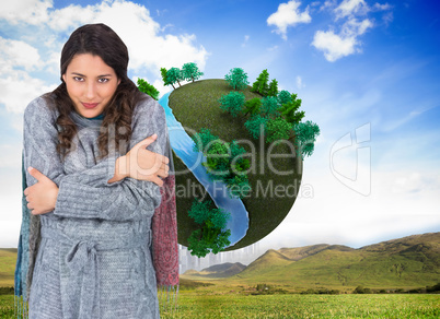 Composite image of peaceful pretty model with winter clothes bei