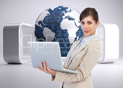 Composite image of confident young businesswoman with laptop