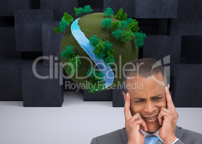 Composite image of stressed businessman putting his fingers on h