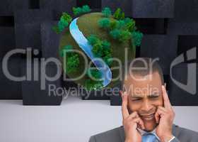 Composite image of stressed businessman putting his fingers on h