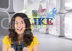 Composite image of smiling casual young woman holding binoculars