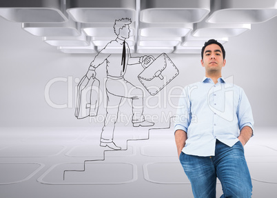 Composite image of unsmiling casual man standing