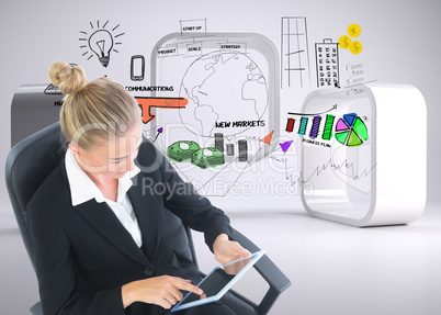 Composite image of businesswoman sitting on swivel chair with ta