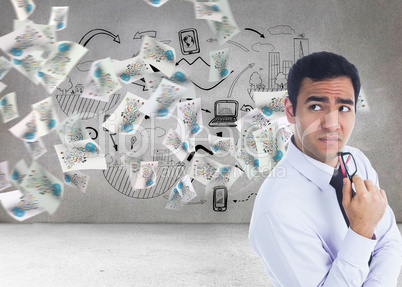 Composite image of thinking businessman holding glasses