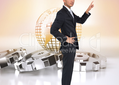 Composite image of unsmiling asian businessman pointing