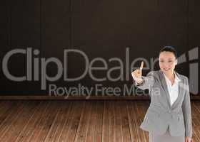 Composite image of smiling asian businesswoman pointing