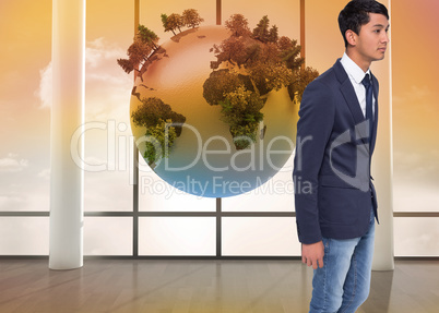 Composite image of unsmiling casual businessman walking