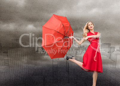 Composite image of elegant blonde holding umbrella