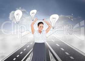 Composite image of angry businesswoman throwing her tablet pc