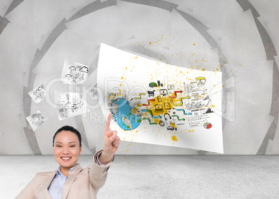 Composite image of smiling asian businesswoman pointing