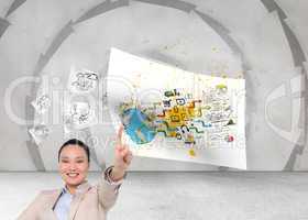 Composite image of smiling asian businesswoman pointing