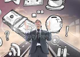 Composite image of excited businessman with arms raised