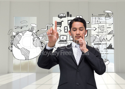 Composite image of thoughtful asian businessman pointing