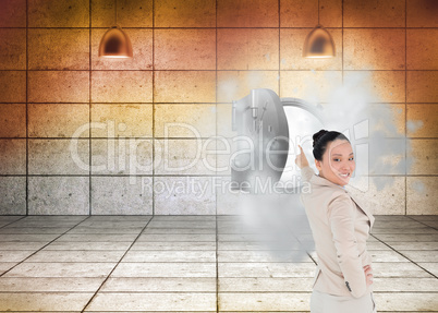 Composite image of smiling asian businesswoman pointing