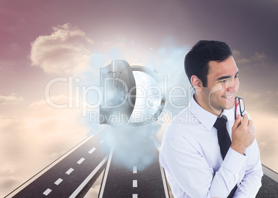 Composite image of smiling businessman holding glasses