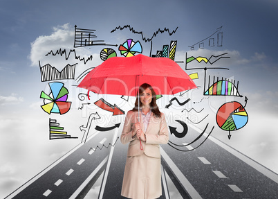 Composite image of attractive businesswoman holding red umbrella