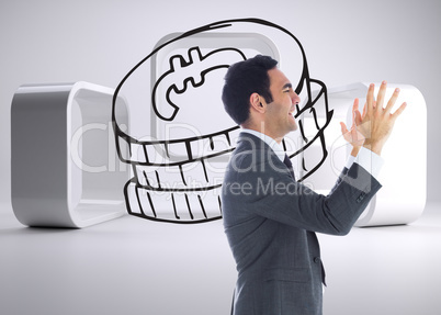 Composite image of stressed businessman with arms raised