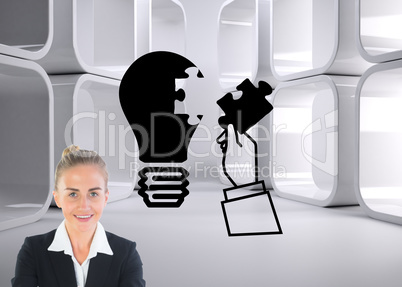 Composite image of businesswoman holding pink piggy bank