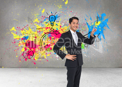 Composite image of smiling asian businessman pointing