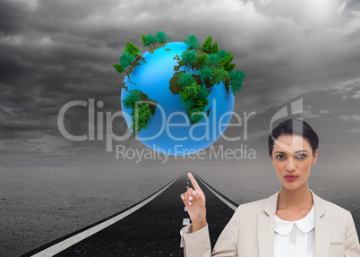 Composite image of serious businesswoman with hands up