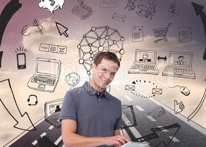 Composite image of smiling young man with tablet computer