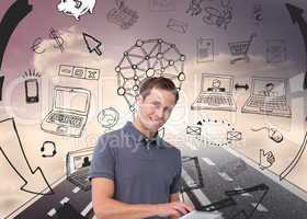 Composite image of smiling young man with tablet computer