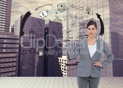 Composite image of smiling businesswoman holding tablet pc