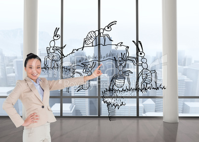 Composite image of smiling asian businesswoman pointing