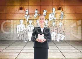 Composite image of businesswoman holding pink piggy bank