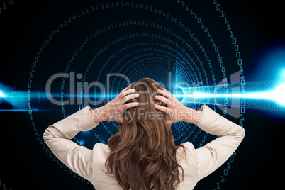 Composite image of young classy businesswoman with hands on head
