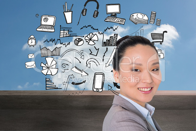 Composite image of smiling asian businesswoman pointing