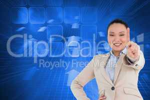 Composite image of smiling asian businesswoman pointing