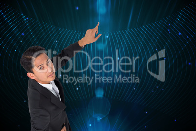 Composite image of unsmiling asian businessman pointing