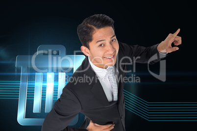 Composite image of smiling asian businessman pointing