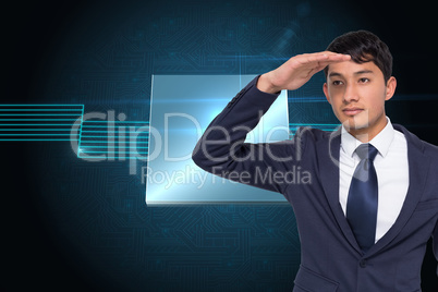 Composite image of unsmiling casual businessman looking