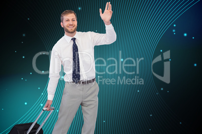 Composite image of handsome businessman with suitcase waving