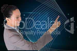 Composite image of smiling asian businesswoman pointing