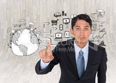 Composite image of unsmiling asian businessman pointing